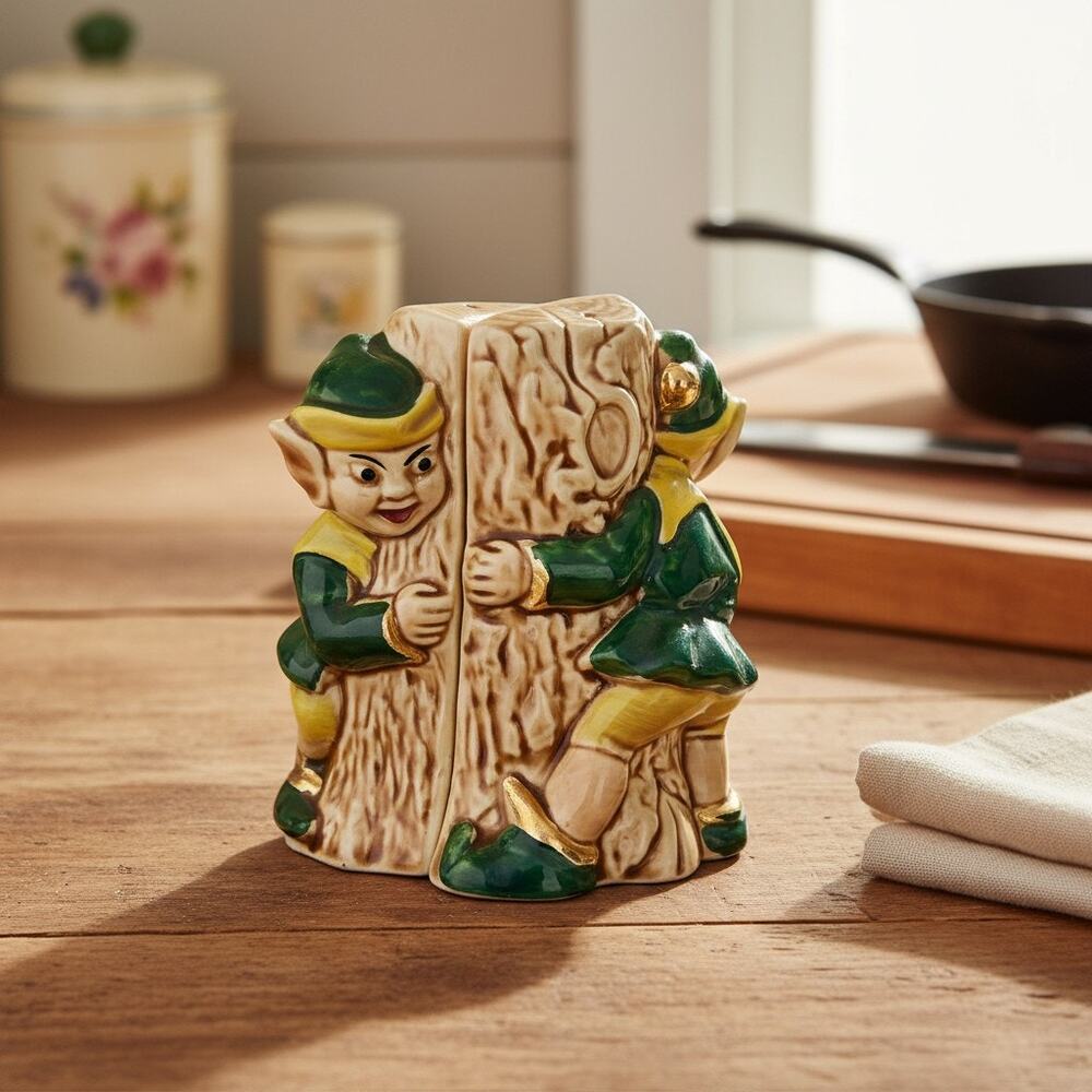 Vintage 1950s Japan Elf Pixie Salt Pepper Shakers-Tree-Christmas-MCM-Kitsch-Pair